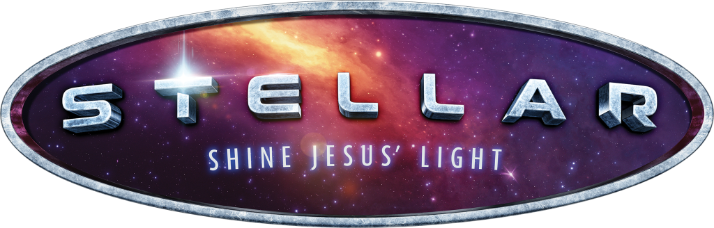 Outer space oval with text that says Stellar Shine Jesus' Light
